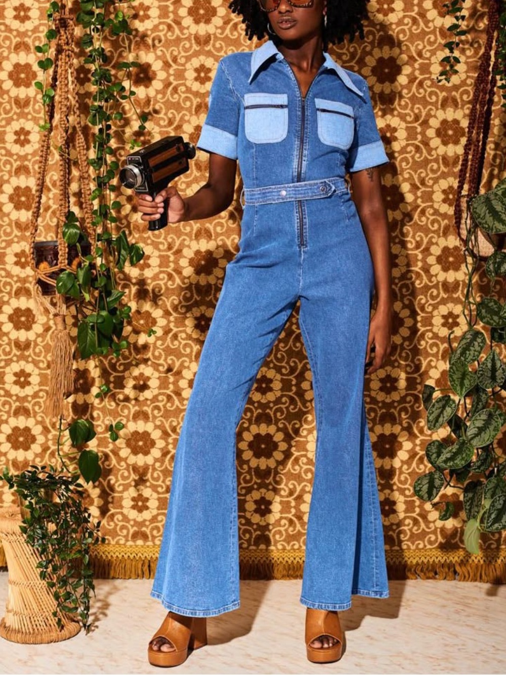 Denim Zip-Front Jumpsuit in Medium Blue